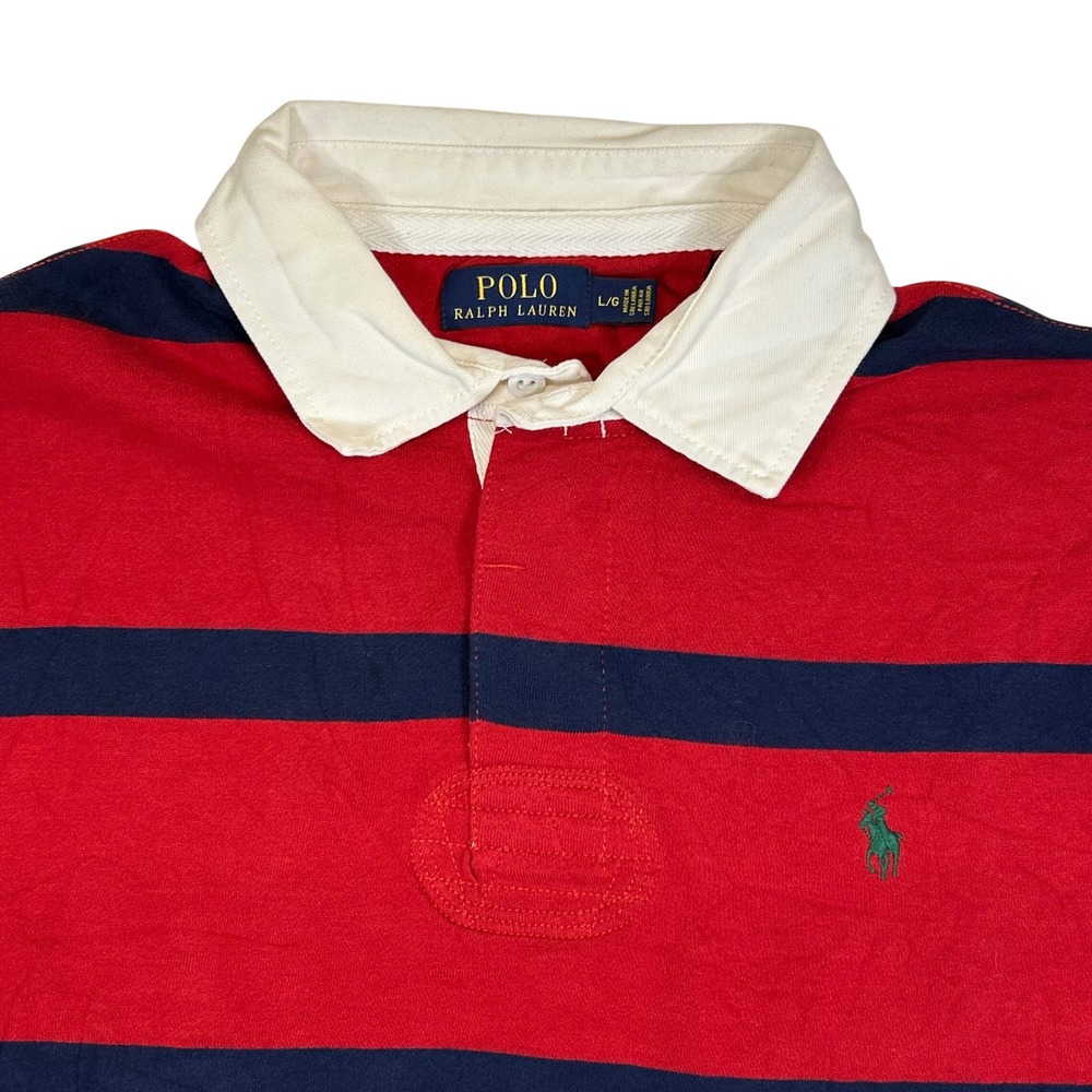 Polo Ralph Lauren Men Red Navy Blue Striped Long Sleeve Rugby Shirt Large L/G